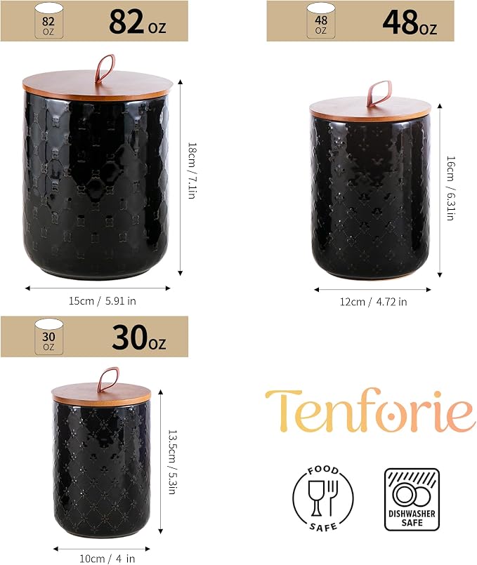 Ceramic Canisters Set with Airtight Lids, 82/48/30 oz Coffee Canisters Sets for the Kitchen, Black Large Jars for Flour, Sugar, Pasta, Coffee, Cookies, Tea - Set of 3, Embossed Pattern