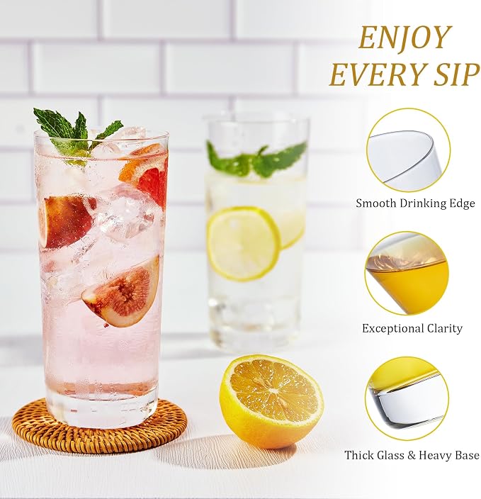 Drinking Glasses Set of 6, 16 oz Tall Drinking Glasses Highball Glassware, Borosilicate Glass Crystal Highball Glasses, Tom Collins Bar Glassware, Water Glass Cups for Cocktail, Mojito Bar Glassware