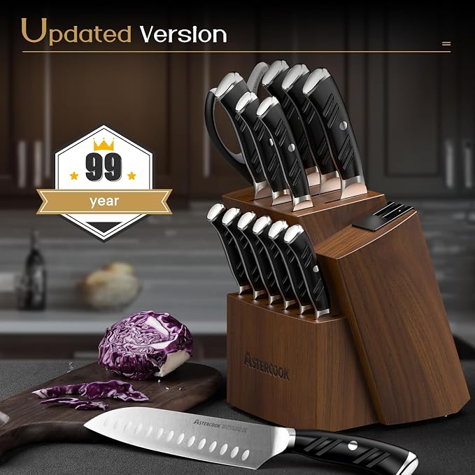 Astercook Knife Set, Kitchen Knives Set with Block and Dual Sharpener Full Tang 15 Pcs German Stainless Steel Knives Sharp Blade Dishwasher Safe Knife Set with Ergonomic Handle, Elegant Black