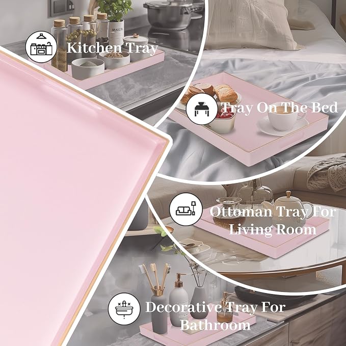 Pink Decorative Tray for Coffee Table, Serving Tray with Handles | Plastic Melamine Tray, Modern Ottoman Tray, Rectangular Countertop Organizer Tray for Living Room, 15.8"L x 10.2"W x 1.4"H