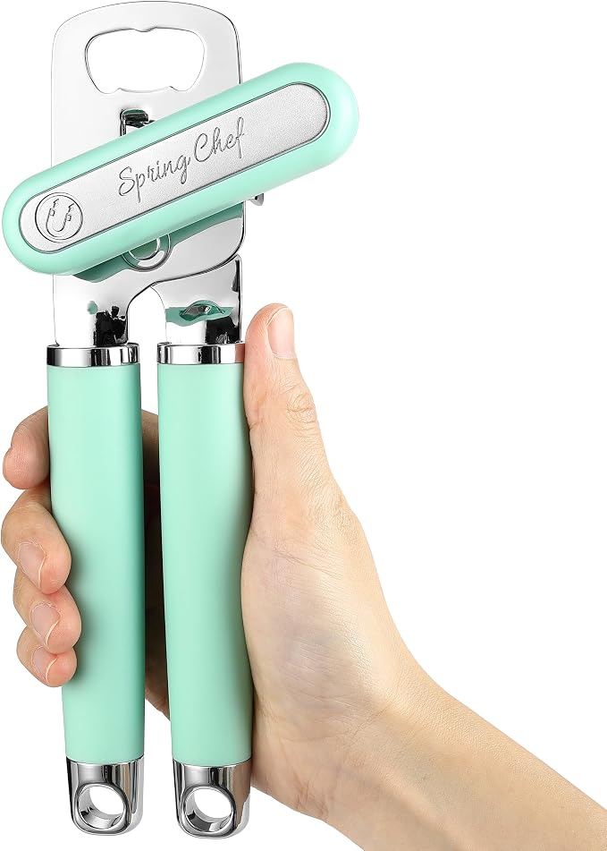 Spring Chef Stainless Steel Manual Can Opener with Soft Grip Handles, Mint | Heavy Duty Hand Can Opener for Seniors with Smooth Edge, Easy Turn, 3in1 Can Opener with Magnetic Lid Remover & Bottle Opener