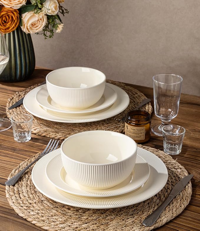 Ceramic Dinnerware Set for 6, 18-Piece Plates and Bowls Set | Lightweight Porcelain Dish Set, Scratch Resistant, Oven & Microwave & Dishwasher Safe, Ivory