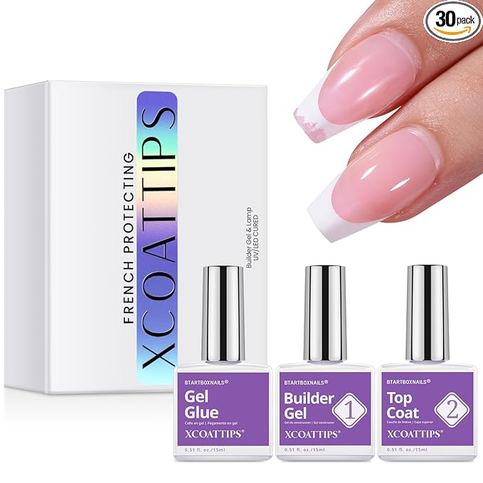 BTArtboxnails French Protection Set, Gel Glue, Builder Gel, Top Coat, 15ML | Long Lasting 30+ Days, Easy-to-Apply for Home DIY & Salon Manicure, All-in-one Gel Set for Sleek French Tips Nails, 3 boxes