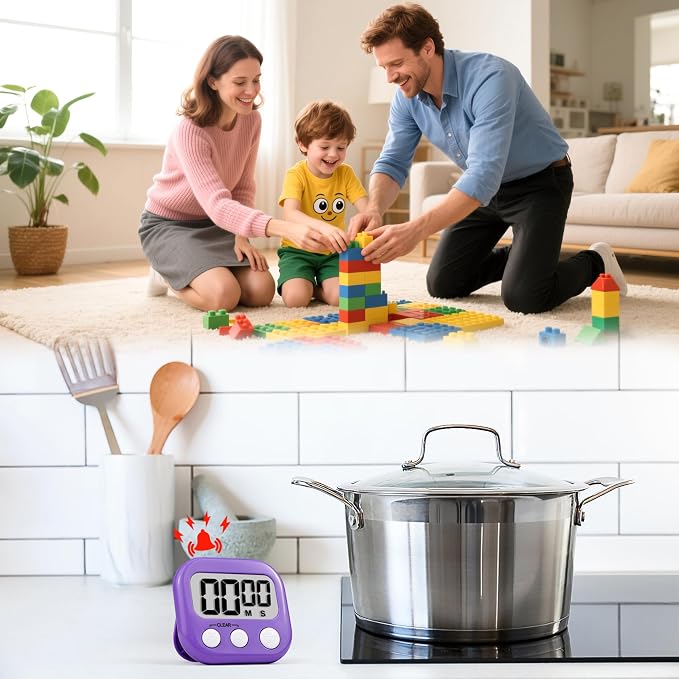 Timer for Kids Digital Kitchen Timers for Cooking- 4 Pack Blue Purple | Countdown Timer for Classroom Study Exercise Teacher Supplies, Strong Magnetic, Loud Alarm, Large Screen, Fast Reset, Memory