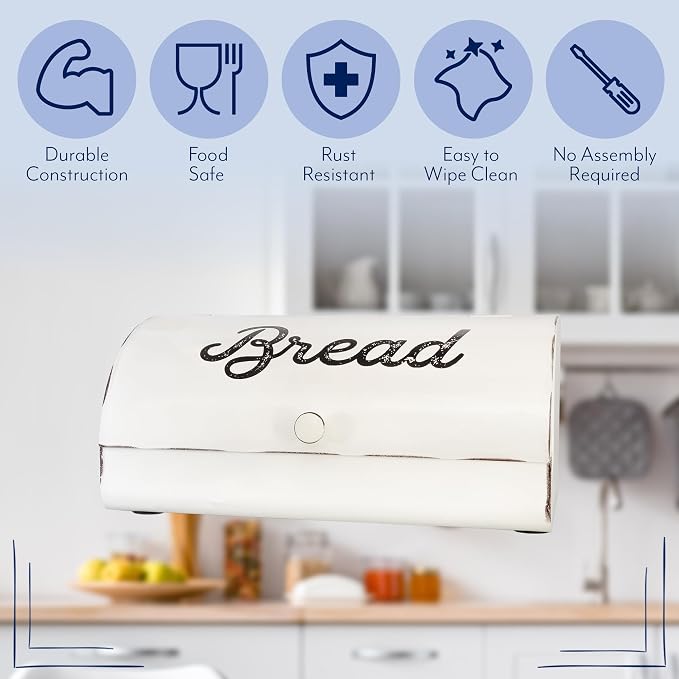 AuldHome Design Rustic White Bread Box; Farmhouse Vintage Enamelware Countertop Bread Bin