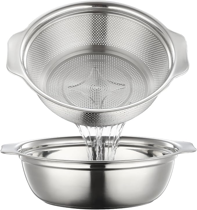 Stainless Steel Colander for Kitchen 2-Quart, Strainer Microporous with Mixing Bowl, Rice Strainer for Washing Vegetables, Fruit and Draining Cooked Pasta, Dishwasher Safe