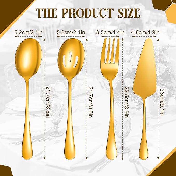 19 Pcs Serving Utensils Set Stainless Steel Tongs,Gold | Includes Spatulas Forks Spoons Perforated Skimmers, Parties Buffet Professional Kitchen Tools Home Gatherings Events