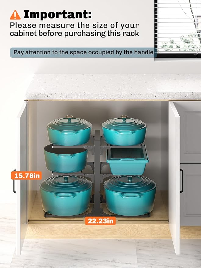 MUDEELA 6-Tier Heavy Duty Pots and Pans Organizer under Cabinet, 13.78" H | Work as a Single or Double-sided, Adjustable Pot Rack for Frying Pan, Cast Iron Skillet, Fits Various Cookware up to 12"