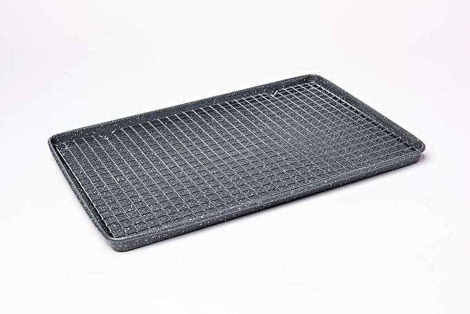 David Burke 17x11 Cookie Sheet with Chrome Cooling Rack – Carbon Steel, PFTE & PFOA Free, Oven Safe, Non-Toxic, Perfect for Baking and Roasting – Gray Speckle