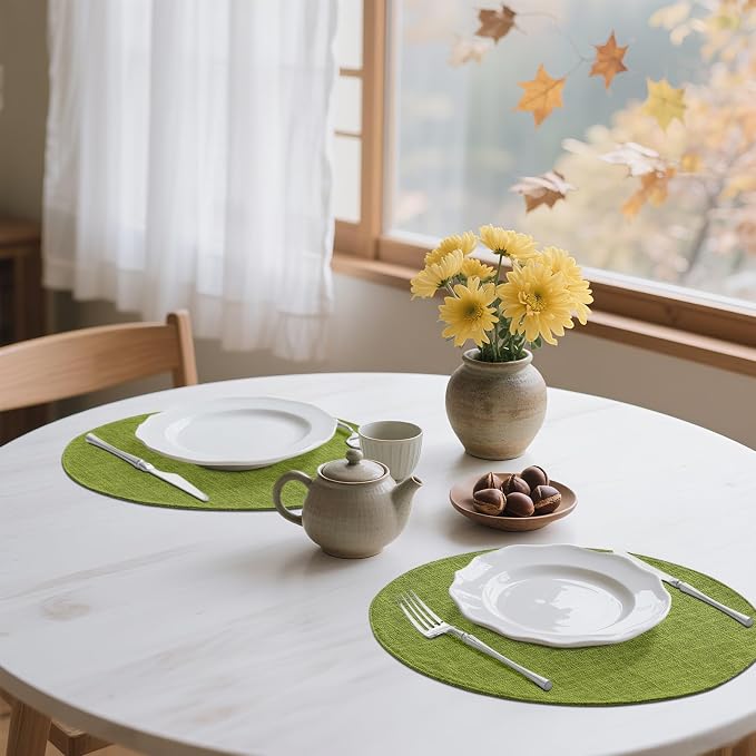 Cotton Linen 15 Inch Round Cloth Place mats, Set of 6, Grass Green | Washable Table Mats, Heat Resistant, Reversible, Wipeable Place Mats for Indoor Outdoor