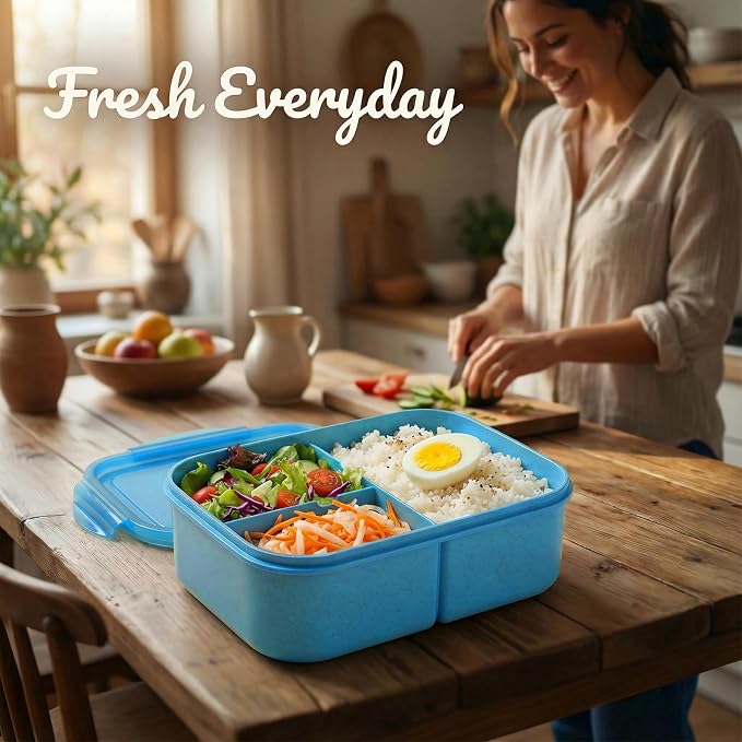 MISS BIG® Large Bento Lunch Box, 1900ml, 3 Compartments, Nile Blue | Nile blue 1900ml adult lunch box for work meals, office meal prep, picnic, travel, and food storage.