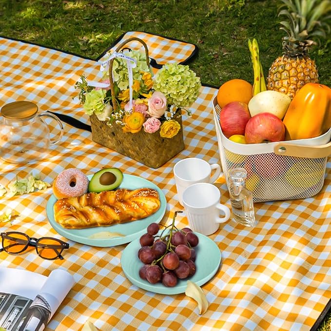 32-Piece Pink Blue Green Beige Wheat Straw Dinnerware Set | Premium reusable plastic plates bowls cups set for wedding party and rv camping, stackable design for easy storage.
