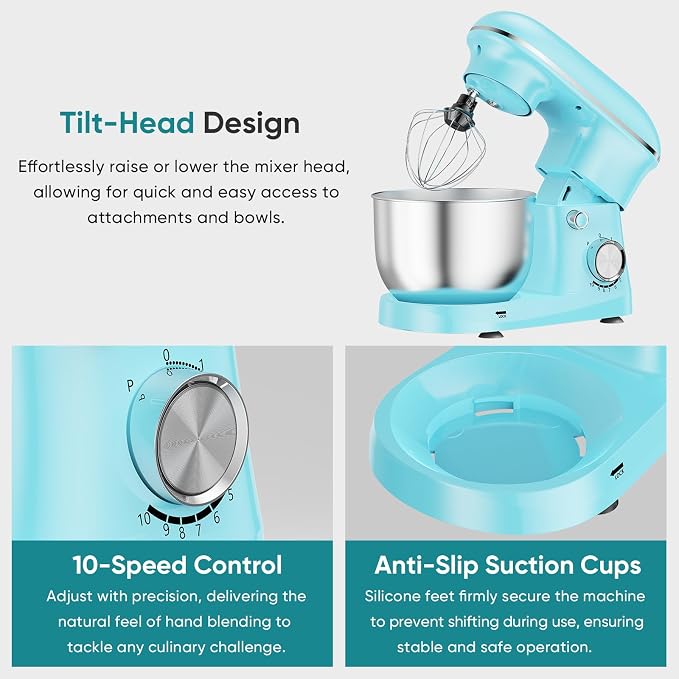 OLIXIS 4.2 Qt Stand Mixer, 10-Speed Tilt-Head Electric Mixer for Baking | Include dough hook, whisk, flat beater & splash lid. 10 speeds handle cakes, cookies & bread dough. Compact, easy-clean bowl