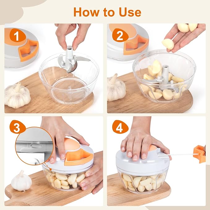 Manual Food Processor & Vegetable Chopper, Hand Pull String Garlic Mincer Onion Chopper Dicer for Salsa Pesto Guacamole, 3 Stainless Steel Blades, 500ml White