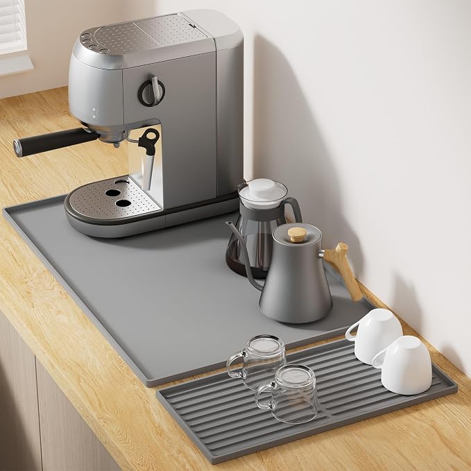 Golener Coffee Bar Mat Set, Silicone Coffee Mat with Raised Edges, 24"x16" | Coffee Mat for Countertop, Waterproof Coffee Station Mat, Dish Drying Mat Under Rack, Heat Resistant Coffee Machine Mat, Gray