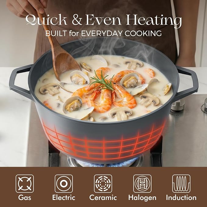 PRICUSIS Ceramic Nonstick Stock Pot with Silicone Rim Glass Lid, 4.5/7 QT Soup Pot Casserole, Cooking Pot, Induction Compatible, Dishwasher & Oven Safe, Ideal for Pasta, Bake & Stews, Blueberry Gray