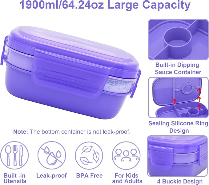 JBGOYON Leakproof Bento Box & Insulated Lunch Bag Set, 4-Piece, Purple | 6-hour thermal retention, includes nested knife fork spoon, 2 reusable snack pouches, designed for adults and kids