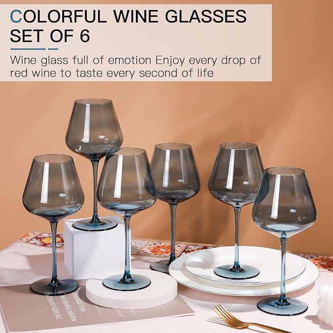 Blue Wine Glass Set of 6-18oz Lead-Free Crystal Burgundy Wine Glasses, Glassware for Parties& Special Occasions