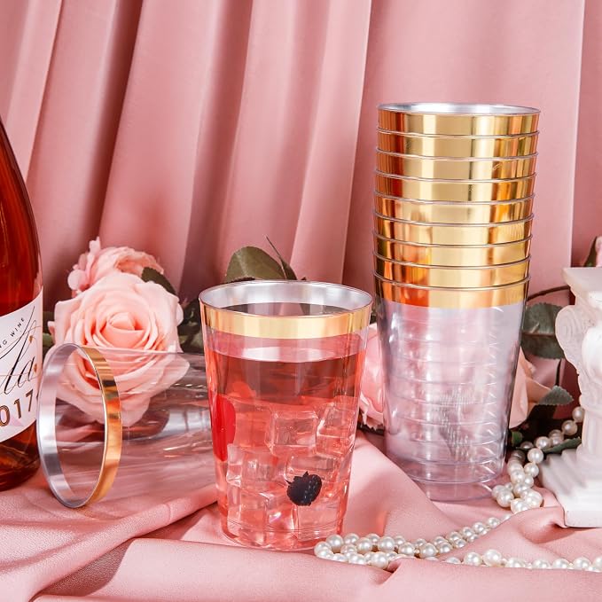 I00000 50 Pack 12 oz Gold Plastic Cups, Gold Rimmed Disposable Cups, Disposable Plastic Wine Glasses Cocktail Glasses Heavy Duty Cup with Golden Rim, 12 Ounce Tumblers for Party & Wedding