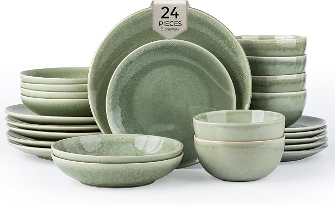 GBHOME Dinnerware Sets for 6, 24 Pieces Ceramic Plates and Bowls Set | Scratch Resistant Stoneware Dishes Set, Dishwasher & Microwave Safe, Reactive Glaze-Light Green