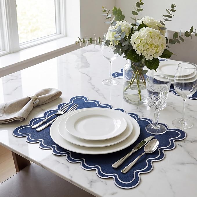 Linen Placemats Set of 12 Scalloped Placemat 13 X19 Wavy Embroidery Double Layered Washable Farmhouse Dinner Fabric Table Mat Napkin for Wedding Party Restaurant(Regular,Navy Blue)