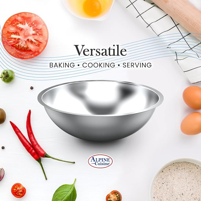 Alpine Cuisine Deeper Edge 8-Quart Stainless Steel Mixing Bowl - Heavy Duty & Dishwasher Safe, Perfect for Meal Prep, Salads & Serving