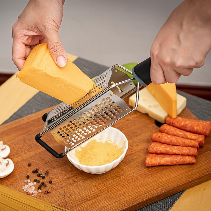 3-in-1 Lemon Zester & Cheese Grater, 304 Stainless Steel, 12-Inch, Black | Three Blade Surfaces for Fine Zesting, Coarse Grating and Slicing, 304 Stainless Steel, Non-slip TPE Handle, Dishwasher Safe