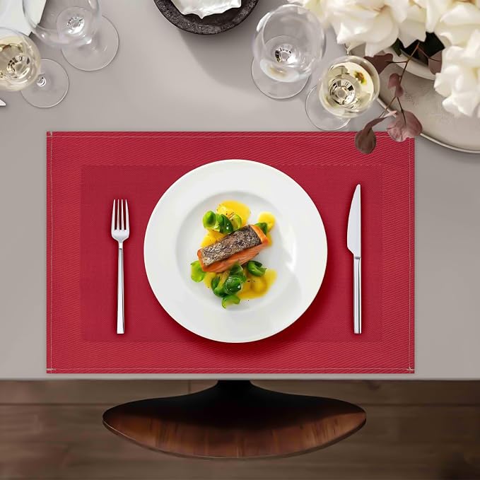 Red Placemats Set of 8, 12x18 Inch Faux Linen Table Mats | Heat Resistant and Washable Design, Easy to Clean Surface for Dining Rooms, Kitchens, Outdoor Parties and Everyday Home Decor