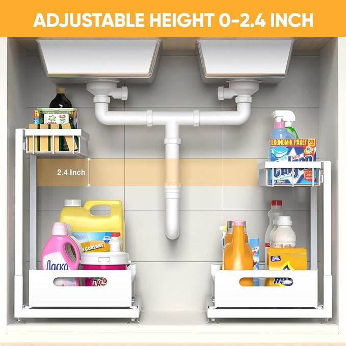 L-Shaped Under Sink Organizer, 2-Tier Pull-out Cabinet Rack 1-Pack | White Height-Adjustable Steel Rack, Sliding Grid Drawers with PP Liners, Holds 100 Lbs, Suction Base, Ideal Kitchen Storage