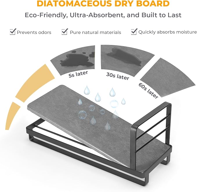 Kitchen Sink Caddy: Sponge Holder for Kitchen Sink Counter with Instant Drying Stone and High Brush Holder, Rustproof Stainless Steel Sponge Holder for Sponges, Scrubbers, Soap (Black)