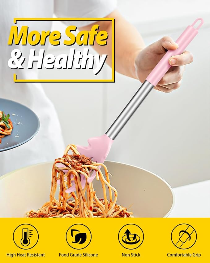 BUNDLEPRO Silicone Pasta Fork and Ladle Spoon Set, 2 Pack, Pink | Large Non Stick, High Heat Resistant Kitchen Utensils for Cooking,Stirring,Serving Spaghetti, Soup, Sauce