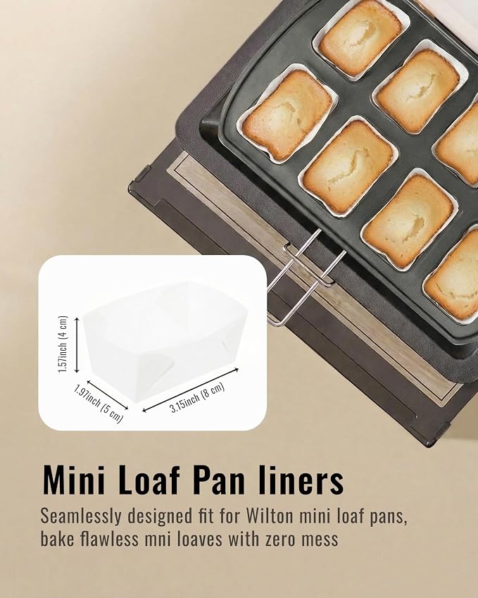 Bake Choice 100 Mini Loaf Pan Liners Compatible with Wilton Mini Loaf Pan | 3.15 * 1.97 * 1.57inch, White Parchment Paper Cupcake Liners, Petite Loaf Baking Cups for Cupcake, Muffin, Brownies