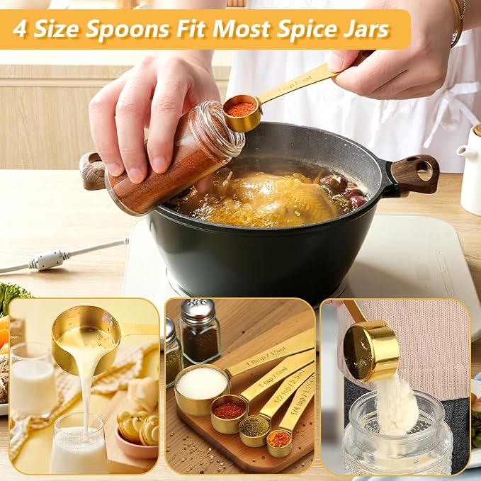 Gold Measuring Cups & Spoons Set for Cooking, 9pcs | 5 Stainless Steel Measuring Cups, 4 Measuring Spoons, Premium Finish Baking Gadgets for Dry & Liquid Ingredients