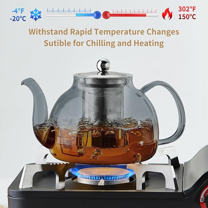 DOPUDO 40OZ (1200ML) Glass Teapot with Infuser Stovetop Safe, Clear Glass Tea Pot Kettle, Borosilicate Tea Pot with Infusers Filter for Loose Tea, Tea Kettle Dishwasher Safe (Black)