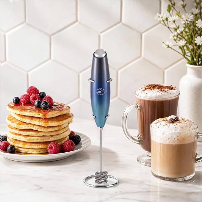 Zulay Kitchen Powerful Milk Frother Wand With Duracell Batteries - Ultra Fast Handheld Drink Mixer - Electric Whisk Foam Maker for Coffee, Lattes, Cappuccino & Matcha - Triple Whisk - Ocean Depth