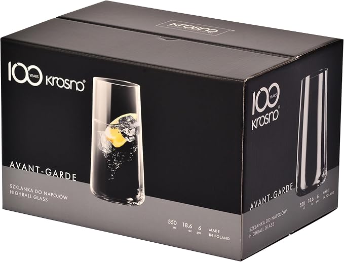 Krosno Water Glasses Set of 6, 18.3 oz, Avant-Garde Collection | Drinking Glasses, Lead-Free Crystal Glassware, Juice Glasses, Highball Glass Set, Dishwasher Safe, Made in Europe