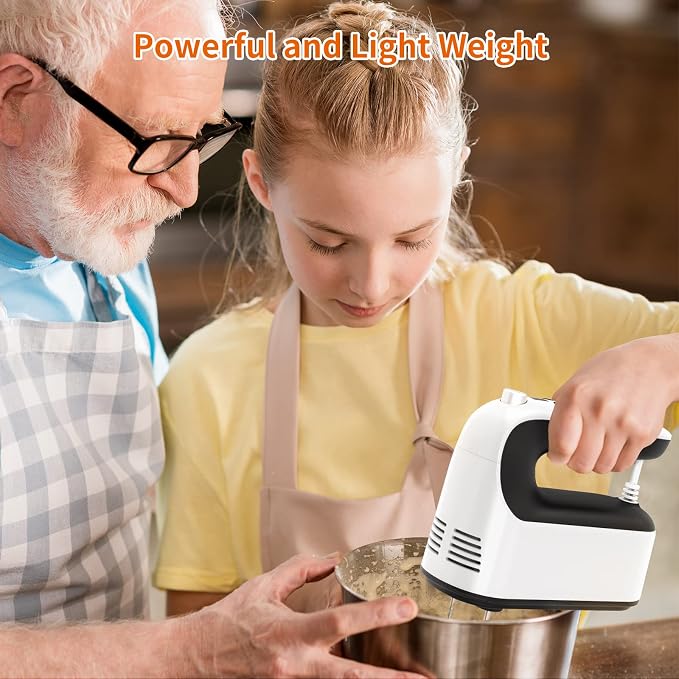 Yomelo 9-Speed Digital Hand Mixer Electric, 400W Powerful DC Motor, Hand Mixer Electric Handheld with Snap-On Storage Case, 5 Stainless Steel Accessories, Beaters, Dough Hooks, Whisk(White/Black)