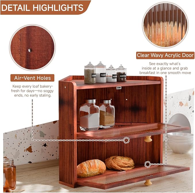 Corner Bread Box for Kitchen Countertop, Cherry-Toned 2-Tier Farmhouse | Ventilated Design Keeps Bread Crusty, Stores Fruit, Snacks & Spices, Corner-saving for Countertop, Counter Organizer