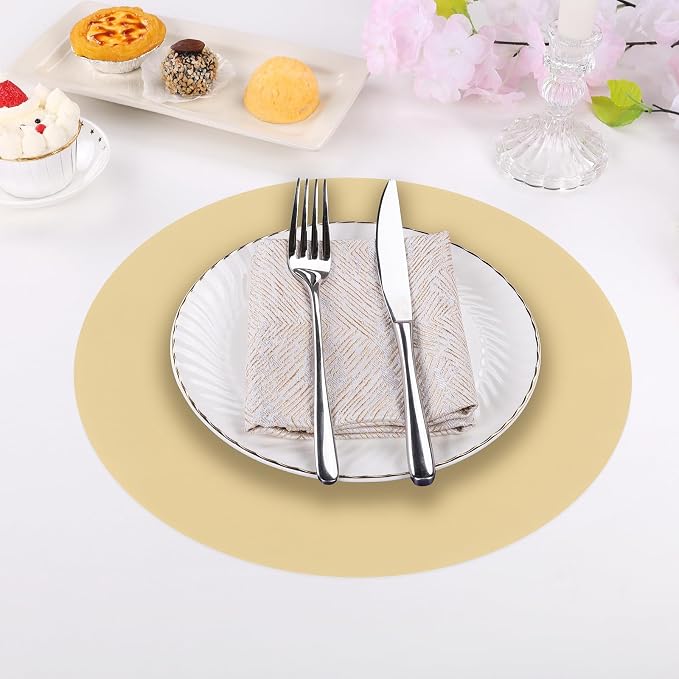SHACOS 100 PCS Round Paper Placemats 13 inch Disposable Paper Place Mats for Dinner Wedding Birthday Party Festival Table Decoration Indoor Outdoor, Beige