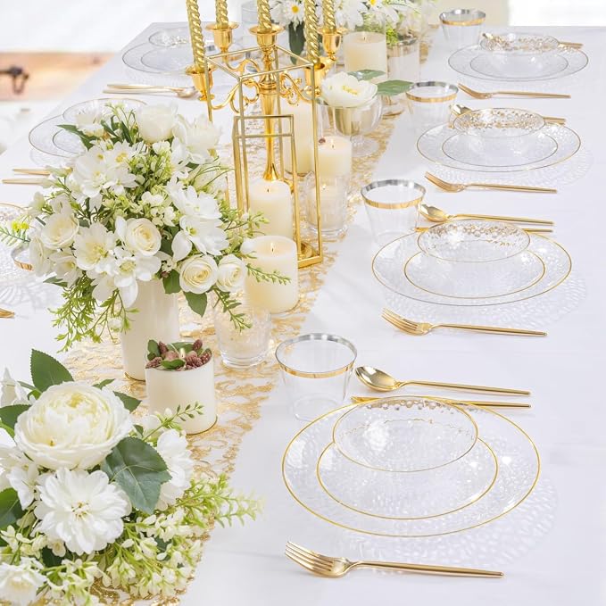 50 Pack 12 Ounce Clear Plastic Bowls Hammered with Gold Rimmed, Heavy Duty Disposable Bowl Set,Small Bowls for Wedding Day