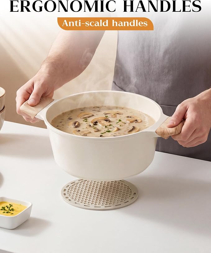 FDN Titanium Ceramic Cooking Pot with Lid, Pfos & Pfoa Free Nonstick Stock Pot, Large Soup Pot, Big Pots for Cooking, Multipurpose Cookware, Ollas Antiadherentes Para Cocinar, Cacerolas, White