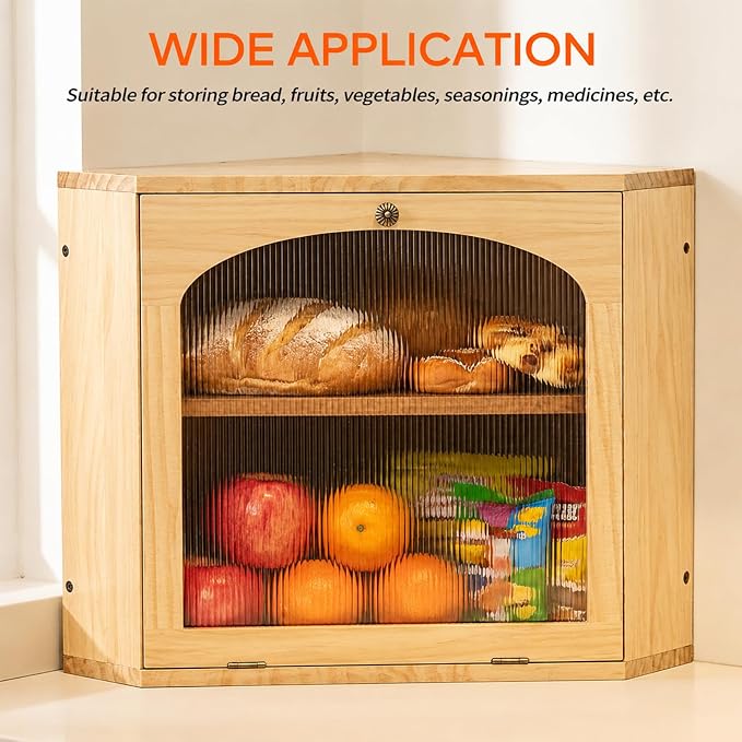 Corner Bread Box for Kitchen Countertop, Solid Wood, Natural | 2-Tier Large Capacity, Wooden Bread Box, Vintage Farmhouse Breadbox, Pine Wood, Bread Storage Container, Adjustable Shelf