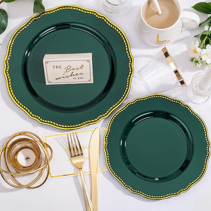 350 Pcs Green Gold Plastic Plates Wedding & Party | Gold Plastic Dinnerware Set Includes 50 Dinner Plates, 50 Dessert Plates, 50 Gold Utensils, 50 Napkins