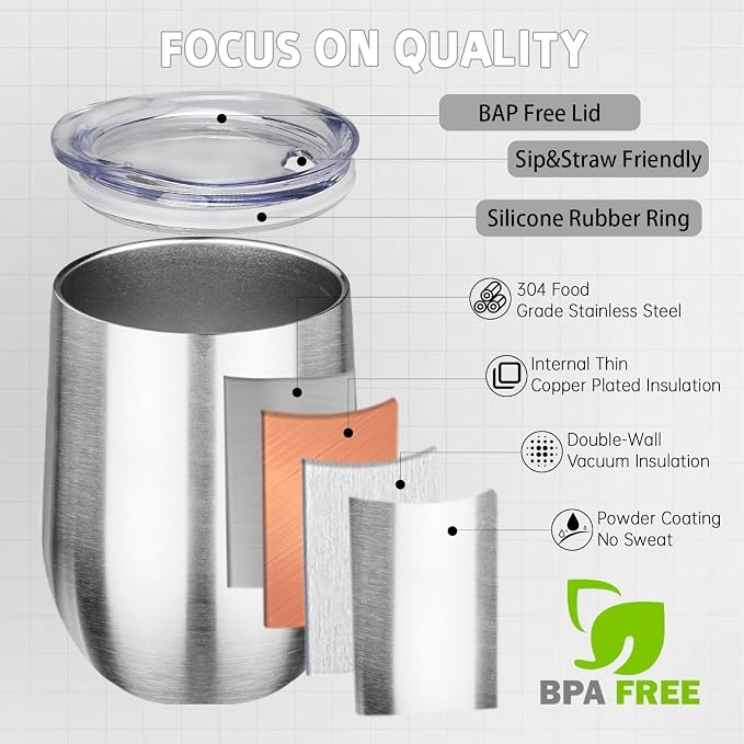 12oz/4 Pack Stainless Steel Wine Tumbler with Lid and Straw, Double Wall Vacuum Insulated Wine Tumbler Glasses, Stemless Travel Mugs for Hot and Cold Drinks, Coffee, Wine, Cocktails
