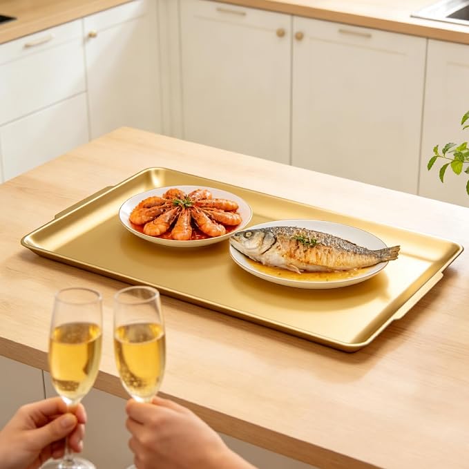 304 Stainless Steel Food Serving Tray, 12.6 Inch Rectangular Serving Tray Platters with Brushed Finish, Ideal for Kitchen Party Organizer Dining Buffet and Outdoor Events (Gold)