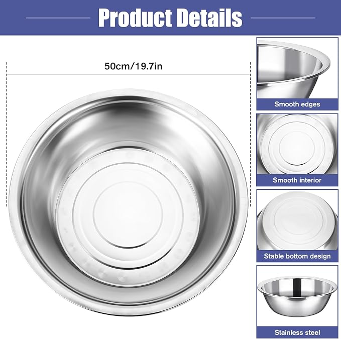 Nuogo 2 Pack Large Mixing Bowls 17 Quart Stainless Steel Flat Base | Big Bowls for Baking, Marinating, Meal Prep, Metallic Finish Stainless Steel, Commercial Grade, Flat Base Stability