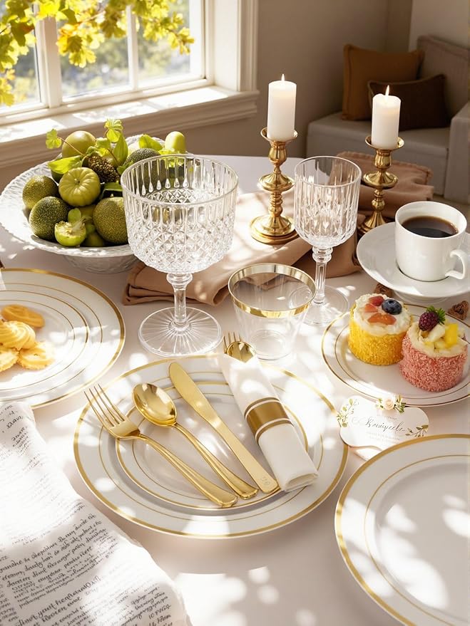 175PCS White and Gold Plastic Plates - Gold Plates with Rolled Napkins for Party - 25Guest Disposable Dinnerware Sets for Wedding/Baby Shower/Birthday