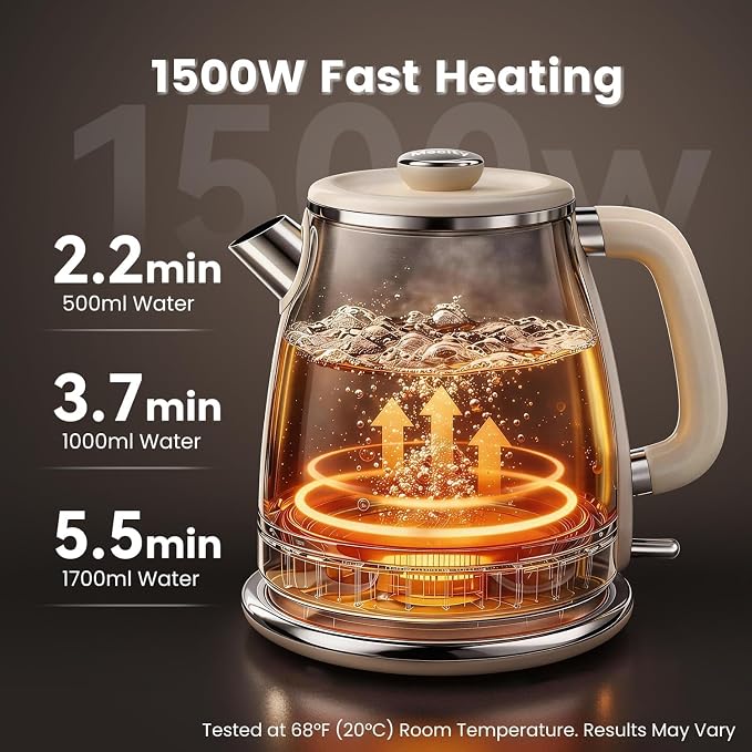 Mecity Retro Electric Kettle 1.7L, Stainless Steel Interior, Food-Grade Silicone Water Contact, Double Wall Cool Touch, 1500W Fast Boil, Thermometer (°F/°C), Wide Opening, Cream