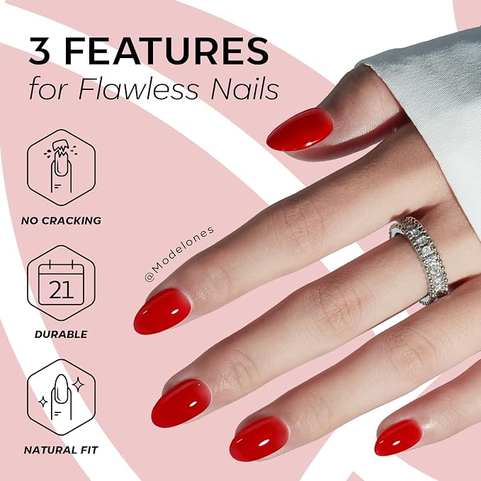 modelones Sheer Red Short Press on Nails, Oval Fake Nails Kit | Semi-Transparent Press Ons with Nail Glue, Adhesive Tabs, Nail File, Prep Pad, Manicure Stick, 32Pcs 16 Sizes, Women Gift