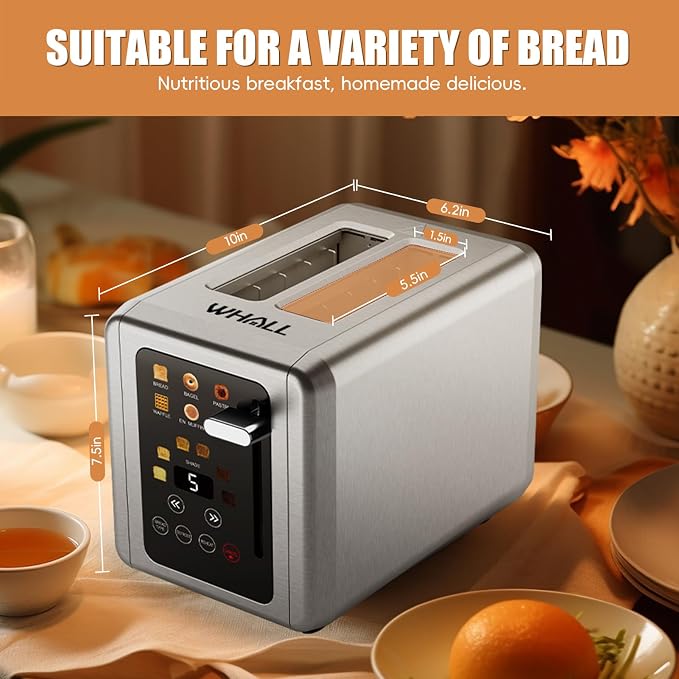 WHALL Touch Screen Toaster 2 Slice,Smart Digital Toaster with 1.5" Wide Slots,6 Shade Settings & 6 Bread Types,Memory Function,Countdown Timer,Brushed Stainless,Ideal Kitchen Gift & Essential